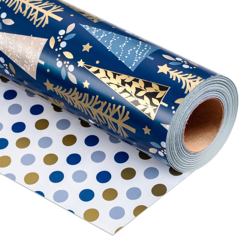 Yarcony Reversible Christmas Wrapping Paper, Blue Wrapping Paper for Men, Modern Navy Blue Christmas Tree, Polka Dot Theme Holiday Gift Wrap for Party, Celebrations (Mini Roll, 17 Inch X 33 Feet) - Image 1